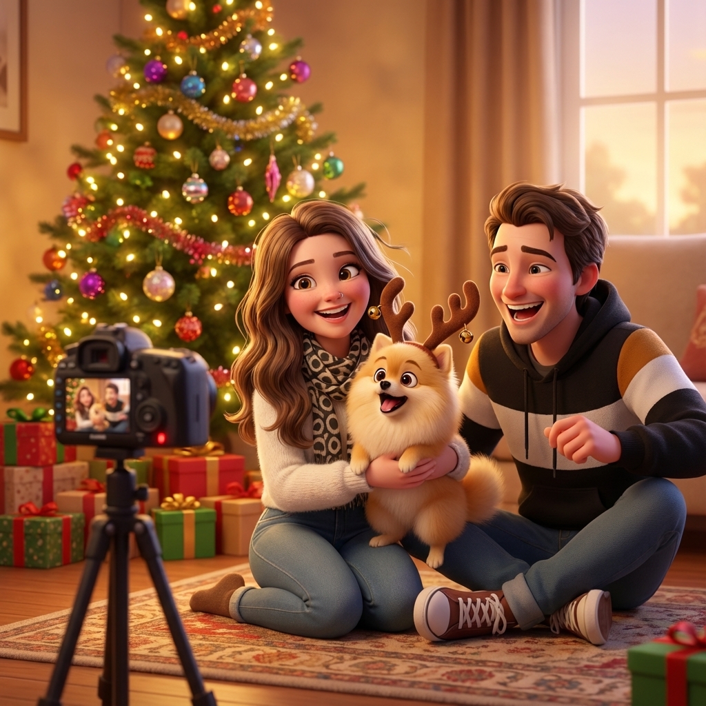 Das lustige Familienfoto unter dem Weihnachtsbaum